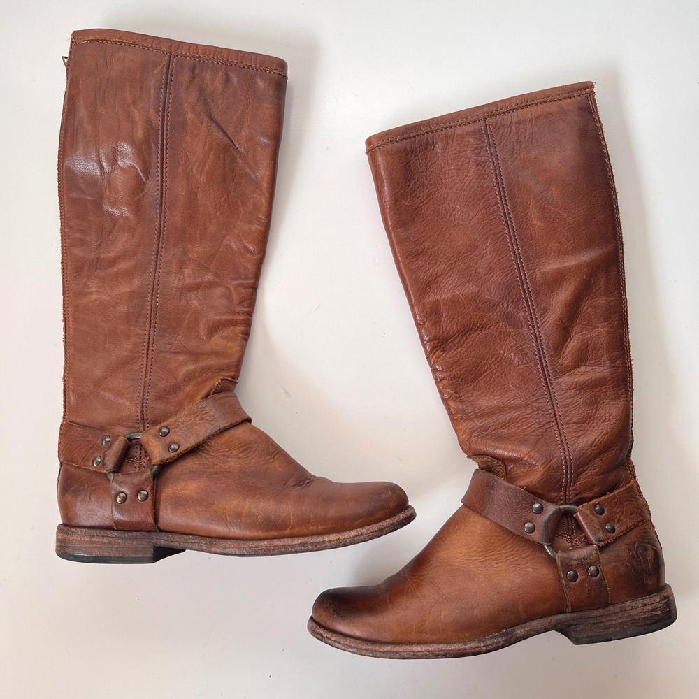 Frye Western‎ Knee High Riding Boots Harness Tall Tan Brown Leather Size 6.5
